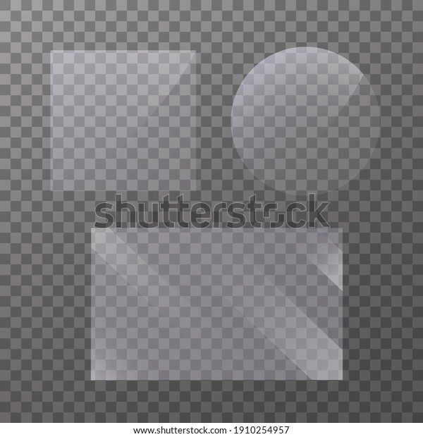 Flat glass plate banners. Realistic windows mockup. Set\
of mirror on transparent background. Light effect for a picture or\
a mirror. Clear glass showcase. 3d panel texture or clear window.\
