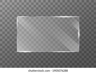 Flat glass plate banners. Set of mirror on transparent background. Clear glass showcase. 3d panel texture or clear window. Light effect for a picture or a mirror. Realistic windows mockup.
