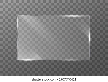 Flat glass plate banners. Set of mirror on transparent background. 3d panel texture or clear window. Light effect for a picture or a mirror. Clear glass showcase. Realistic windows mockup.