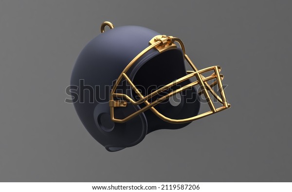 Flat golden American\
football helmet 3D rendering.  3D rendering, mono colored\
background. Helmet  with gold parts  3d Illustration isolated on\
dark background.
