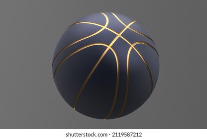 Flat golden Basketball 3D rendering. Sport ball 3D rendering, mono colored background. Basketball with gold parts  3d Illustration isolated on dark background.