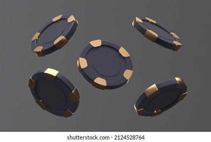 Flat Golden Casino Chips 3D Rendering. Flying Casion Chips. Poker 3D Rendering, Mono Colored Background. Casino Chip With Gold Parts  3d Illustration Isolated On Dark Background.