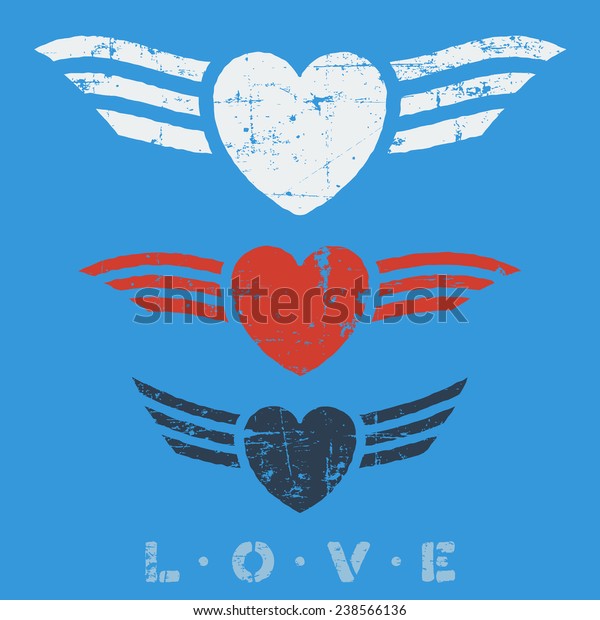 Flat
graphic grunge love emblems with hearts and
wings