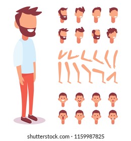 Flat  Guy character for your scenes. Character creation set with various views, face emotions, lip sync and poses. Parts of body template for design work and animation