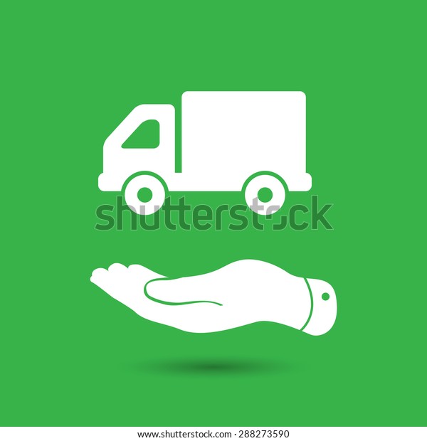 flat hand presenting\
delivery truck icon