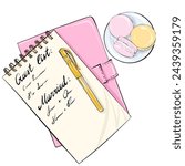 Flat hand-drawn illustration: a sheet with list named "guest list" on a pink notepad notebook, a ballpoint pen and a plate of macaroons nearby.