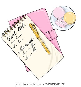 Flat hand-drawn illustration: a sheet with list named "guest list" on a pink notepad notebook, a ballpoint pen and a plate of macaroons nearby. - Powered by Shutterstock