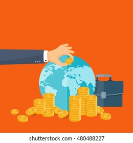 Flat header. Money, money making. Web payments. World currency. Internet store, shopping. Pay per click. Business.