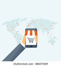 Flat header. Shopping. Web store. Global communication, trading. E-business. Commerce, money making. Internet banking.