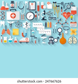 Flat Health Care And Medical Research Background. Healthcare System Concept. Medicine And Chemical Engineering. 