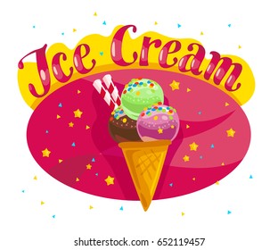 Flat Ice Cream Truck, Shop, Store Logo With Hand Written Font, Ice Cream Cone, Confetti, Stars Isolated On Pink Background. Cartoon Dessert Illustration. Package Design, Menu Cover Template