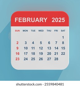 Flat Icon Calendar February 2025 on a blue background. 3d Rendering - Powered by Shutterstock