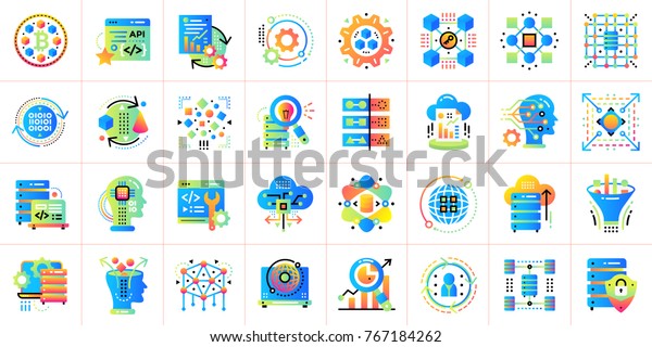 データ科学技術と機械学習プロセスのフラットなアイコンセット 印刷 ウェブサイト およびプレゼンテーションに適したマテリアルデザインアイコン のイラスト素材