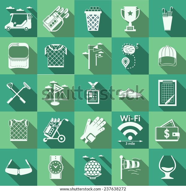 Flat icons for\
golf. Flat green icons collection with white silhouette elements\
for golf with long shadow\
effect.