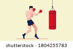 flat illlustration of a human, sportsman, atlete, boxer with a neutral background and puncing bag, healthy lifestyle, hobby, sport