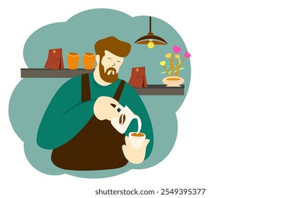 Flat illustration of a barista preparing coffee with latte art. Ideal for representing coffee shop services, barista skills, or café promotions - Powered by Shutterstock