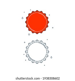 Flat Illustration With A Bottle Cap On A White Background. Red Cover Metal Cork. Isolated Element. Line Art Design. Top View. Color Version And Outline A Single Drink Object.