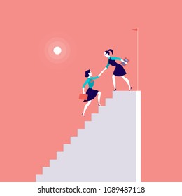 Flat illustration with business ladies climbing on top of white stairs together on red background. Victory, achievement, reaching aim, partnership, motivation, lady team, feminism - metaphor.