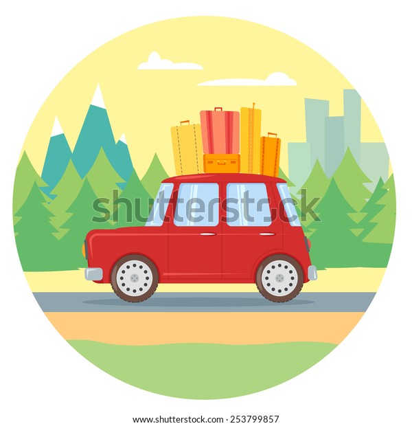 Flat illustration with car and baggage. Vacation,\
holiday, travel\
concept