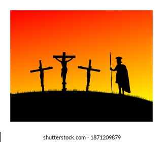 A Flat Illustration Of Christ On The Cross With Two Criminals On Either Side And A Roman Soldier Looking On, All In A Silhouette Against The Red And Yellow  Sunset.