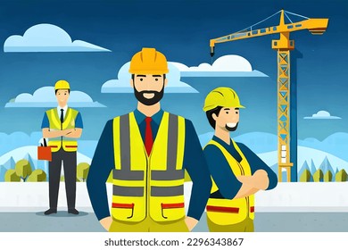 Flat illustration of construction worker and engineer laughing with folded hands against blue sky and crane. Perfect for building industry and teamwork concepts. Vector graphic design.