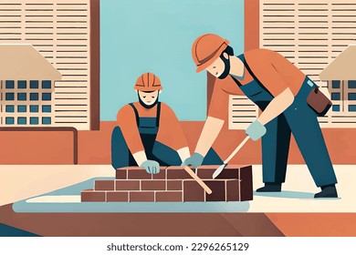 Flat illustration of construction workers laying bricks with precision and safety gear. Vector design of building construction team with tools and trowels for a new site. Ideal for architecture, indus - Powered by Shutterstock