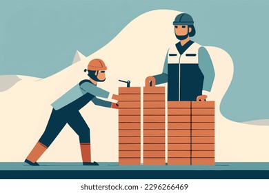 Flat illustration of construction workers laying bricks for a new building. Vector graphic depicts skilled workers using tools with precision and safety gear on a construction site. Perfect for archit - Powered by Shutterstock