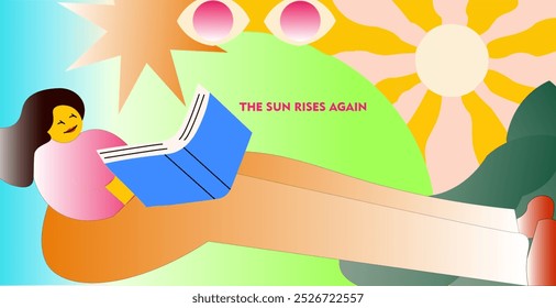 Flat illustration of a girl reading book and the art is based on a gradient theme. - Powered by Shutterstock