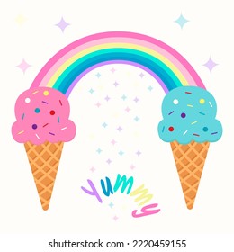 Flat Illustration With Ice Cream, Rainbow And Yummy Text. The Illustration Can Be Used In Print For Cafes, Fast Food Or Postcards.