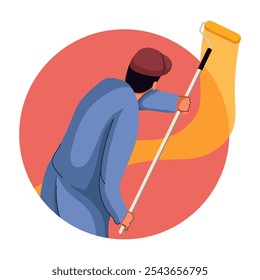 Flat illustration isolated on white background. Male worker applying new color, painting during home renovation, decorating room interior. Painter decorating wall with paint, brush and roller. - Powered by Shutterstock