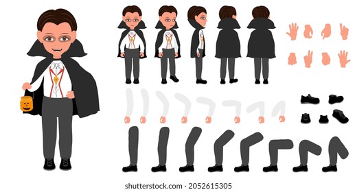 Flat Illustration Of Kid Boy Wearing A Dracula Halloween Costume, Cartoon Character Set For Animation, Various Views, Poses And Gestures