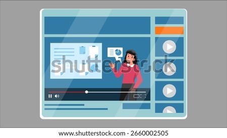 Flat illustration of an online class platform showing a female teacher presenting charts and documents. Ideal for e-learning, webinars, education apps, and virtual training visuals.