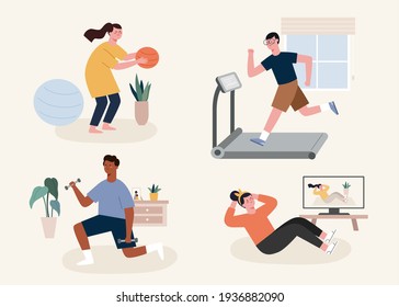 Flat Illustration Of People Doing Different Workouts At Home, Including Medicine Ball Exercising, Jogging On Treadmill, Lifting Weights And Doing Sit Ups.