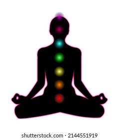 A flat illustration of a person in a lotus position silhouette with seven chakras indicated in seven different colours and a pink aura around the silhouette, isolated on a white background