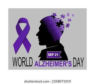 A flat illustration of a poster for World Alzheimer's Day on 21 September with a purple bow, and a silhouette of a man head with the brain area breaking up like a puzzle and flying into the distance.  - Powered by Shutterstock