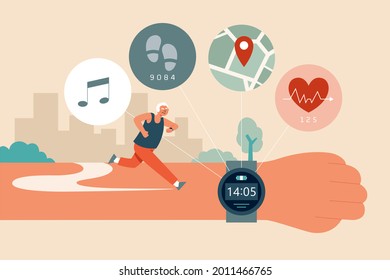 Flat Illustration Of A Senior Man Wearing A Fitness Tracker Watch With Pedometer, Heart Rate Sensor, GPS, And Music App While Running Outdoor