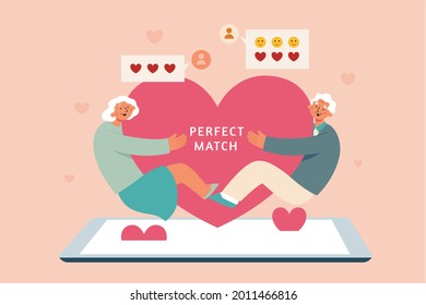 Flat Illustration Of Senior Man And Woman Being Their Perfect Match On Online Dating App, Holding A Big Red Heart Between Each Other