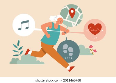 Flat Illustration Of A Senior Woman Wearing A Fitness Tracker Watch With Pedometer, Heart Rate Sensor, GPS, And Music App While Running Outdoor