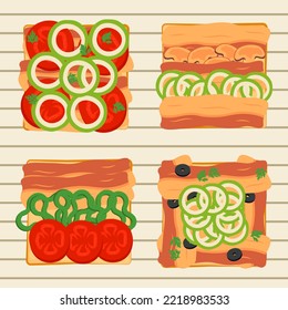 Flat illustration with set of 4 different toasts with bacon and vegetables. Illustration can be used for restaurants, cafe, lifestyles blogs, recipes