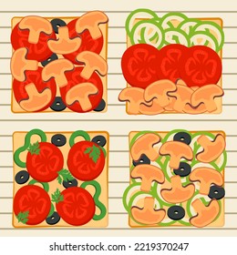 Flat illustration with set of 4 different vegetarian toast with tomato, pepper, mushrooms, onion, olive. Illustration can be used for restaurants, cafe, lifestyles blogs, recipes