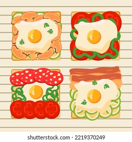 Flat illustration with set of 4 different toasts with fried egg and vegetables. Illustration can be used for restaurants, cafe, lifestyles blogs, recipes