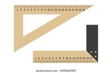 Flat illustration of two measuring triangles, one wooden and one metal, used for precise angle and line measurements in geometry, drafting, and carpentry, shown on a clean white background