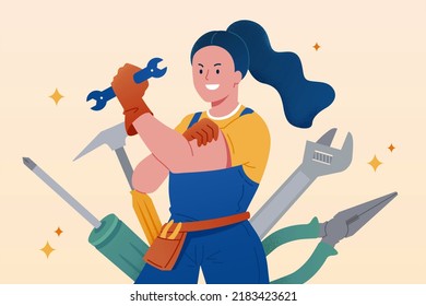 Flat Illustration Of A Woman Mechanic Holding A Spanner.  Female Handyman With Different Tools In The Back.