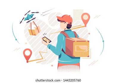 Flat Isolated Man With Mobile Phone With Digital Map And Drone Delivery. Concept Employee Character And Modern Technology Device For Business. Illustration.