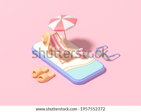 Flat Isometric composition. Summer vacation on the island. icon representing smartphone on the beach with tourist and travel equipment. Summer with love. 3d render