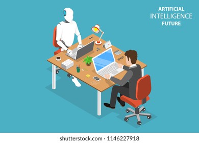 Flat Isometric Concept Of AI Future, Robot And Human Cooperation, Artificial Intelligence, Business Automation.