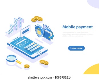 Flat Isometric Concept Of Online Payment, Shopping, Receipt, Money Transfer, Mobile Wallet.