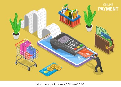 Flat Isometric Concept Of Receipt, Online Payment, Money Transfer, Mobile Wallet.