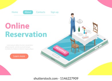 Flat Isometric Concept Of Table Online Reservation, Mobile Booking.