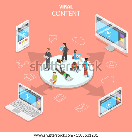 Flat isometric concept of viral content, digital marketing campaign, social media network.